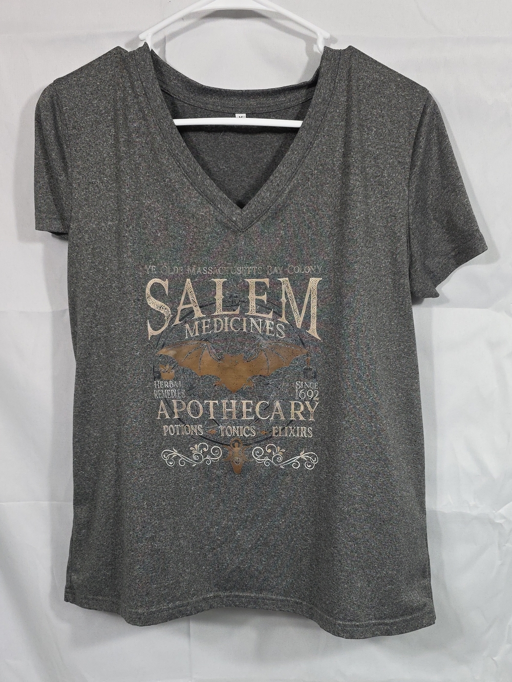 Salem Medicines Gray V-Neck Apothecary Graphic Tee Womens Size Medium (W320)